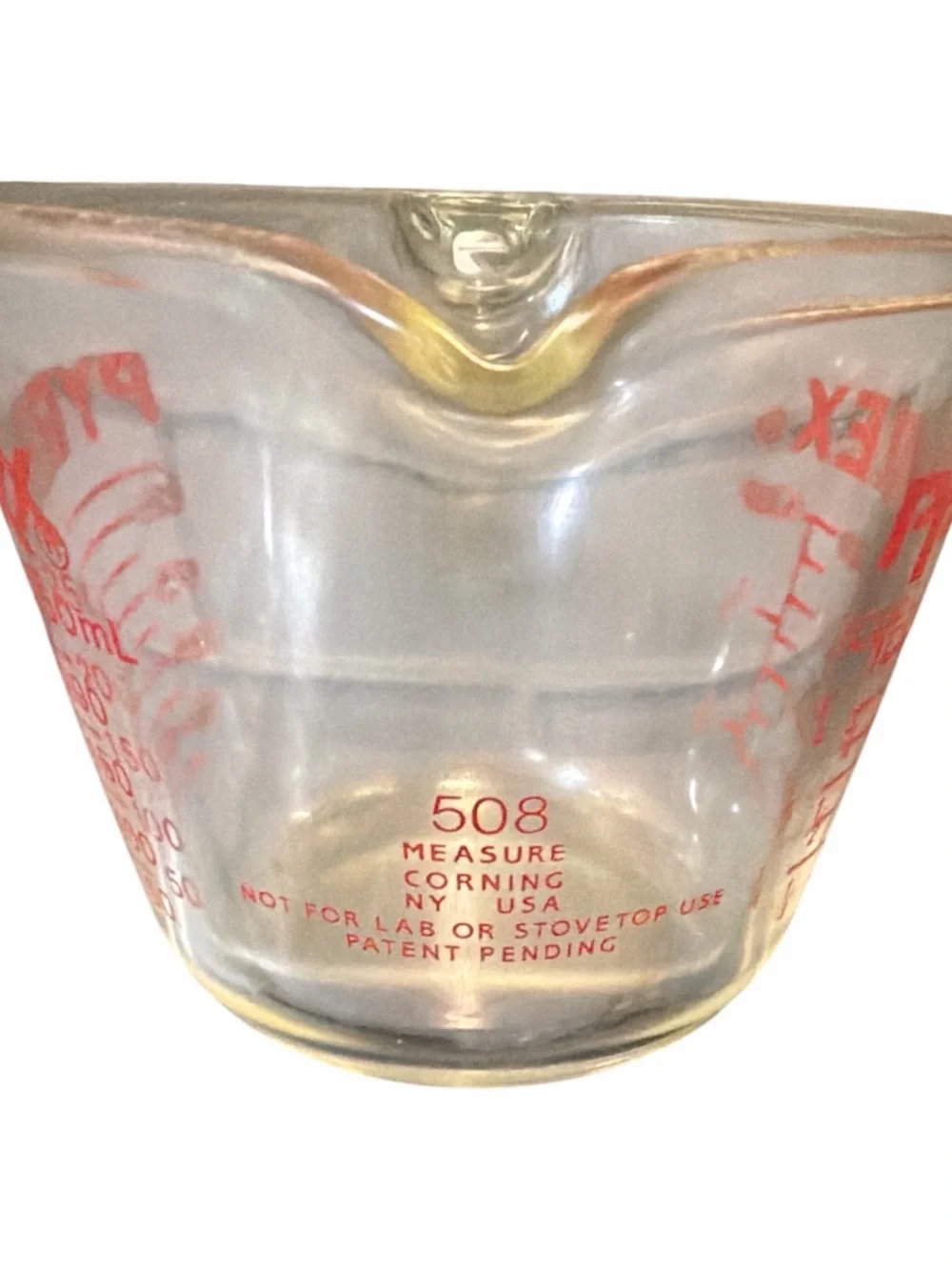 Vintage PYREX 508 borosilicate Glass 1-Cup Measuring Cup with Red Markings USA